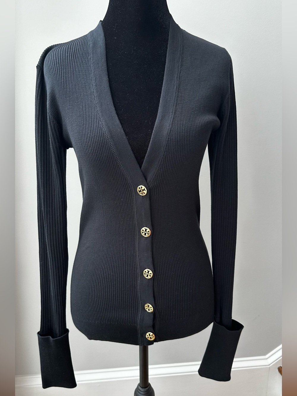 Tory Burch Black Ribbed V-Neck Gold Button-Up Women's Sweater Cardigan Small